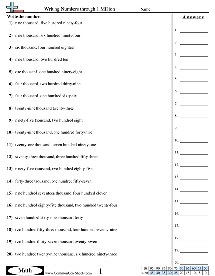 4.nbt.2 Worksheets - Word to Numeric Within 1 Million worksheet